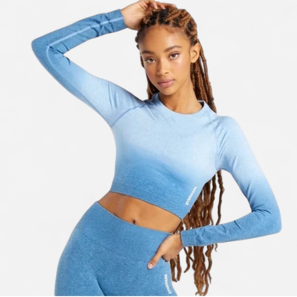 Gymshark Adapt Ombre Seamless Crop Top Blue Long Sleeve Ruched Detail Women’s S